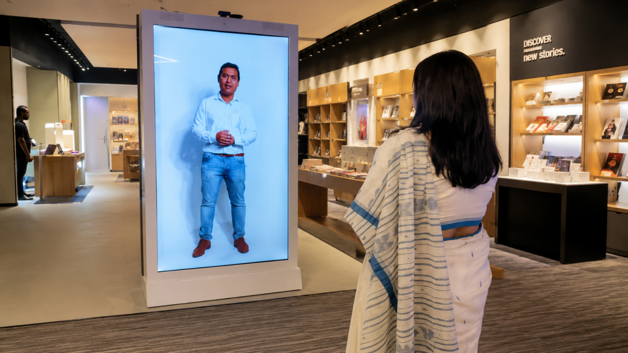 Visitor watches a life-size digital presenter inside a modern retail experience centre